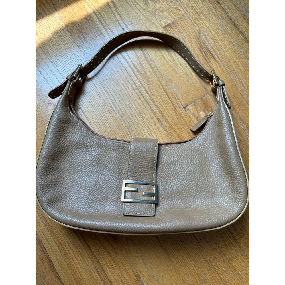 Vintage Ashneil Taupe Pebbled Leather Shoulder Bag Gold Buckle Top Handle Purse